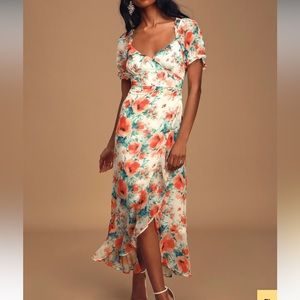 Lulu’s Romantic Effect White Floral Print Ruffled Midi Dress